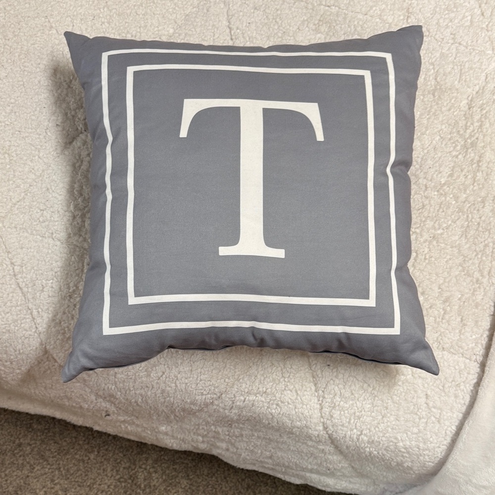 Gray Decorative Pillow with White Letter T